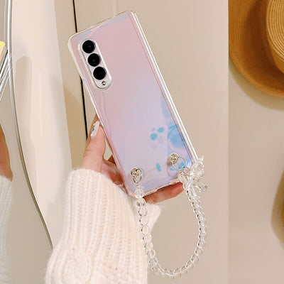 Portable Bead Chain With Cute 3D Crystal Bear Pendant Phone Case For Samsung Galaxy Z Fold 4