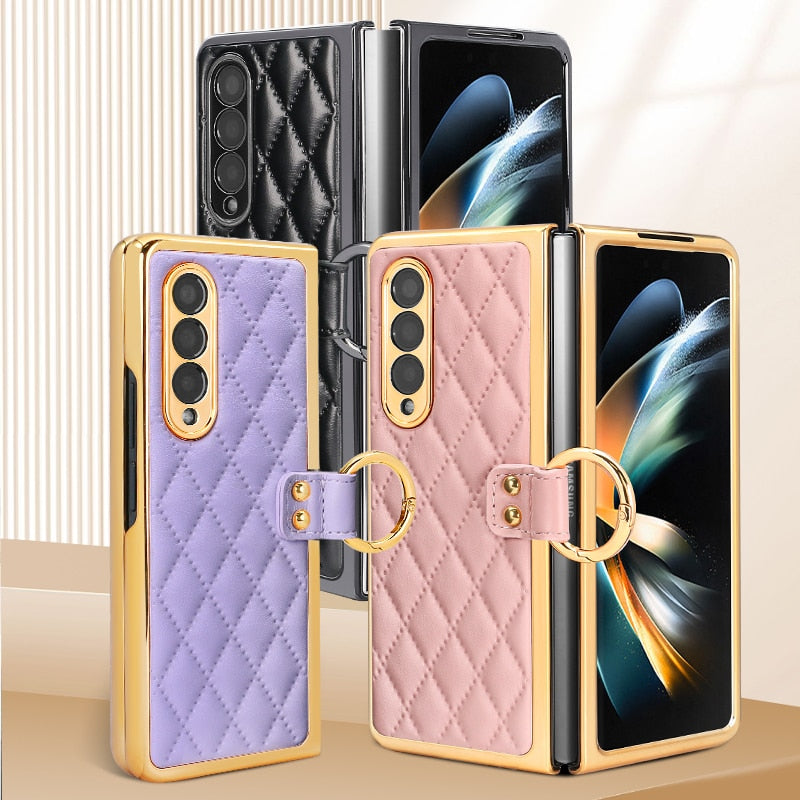 Phone Cases Samsung Galaxy Fold Cases Gold Plated Leather Ring