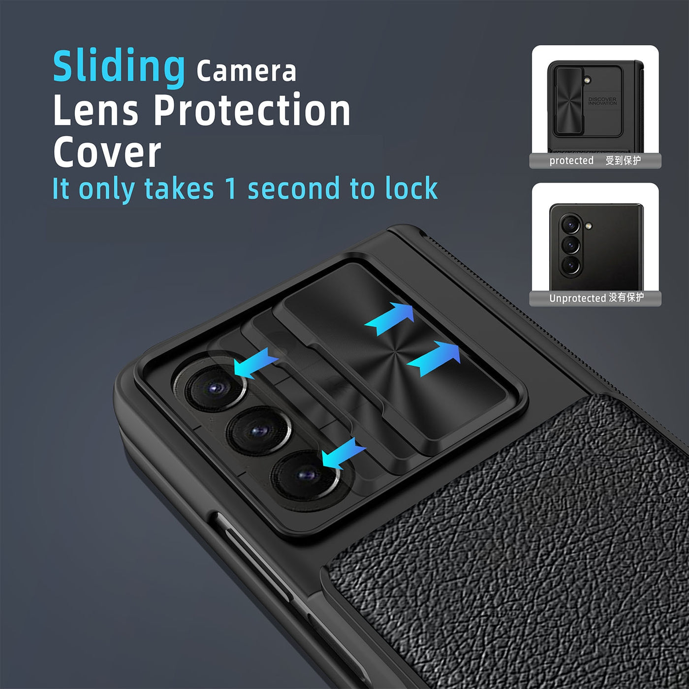 Slide Camera Cover with Leather Wallet  For Samsung Galaxy Z Fold 5