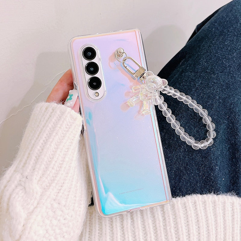 Portable Bead Chain With Cute 3D Crystal Bear Pendant Phone Case For Samsung Galaxy Z Fold 4