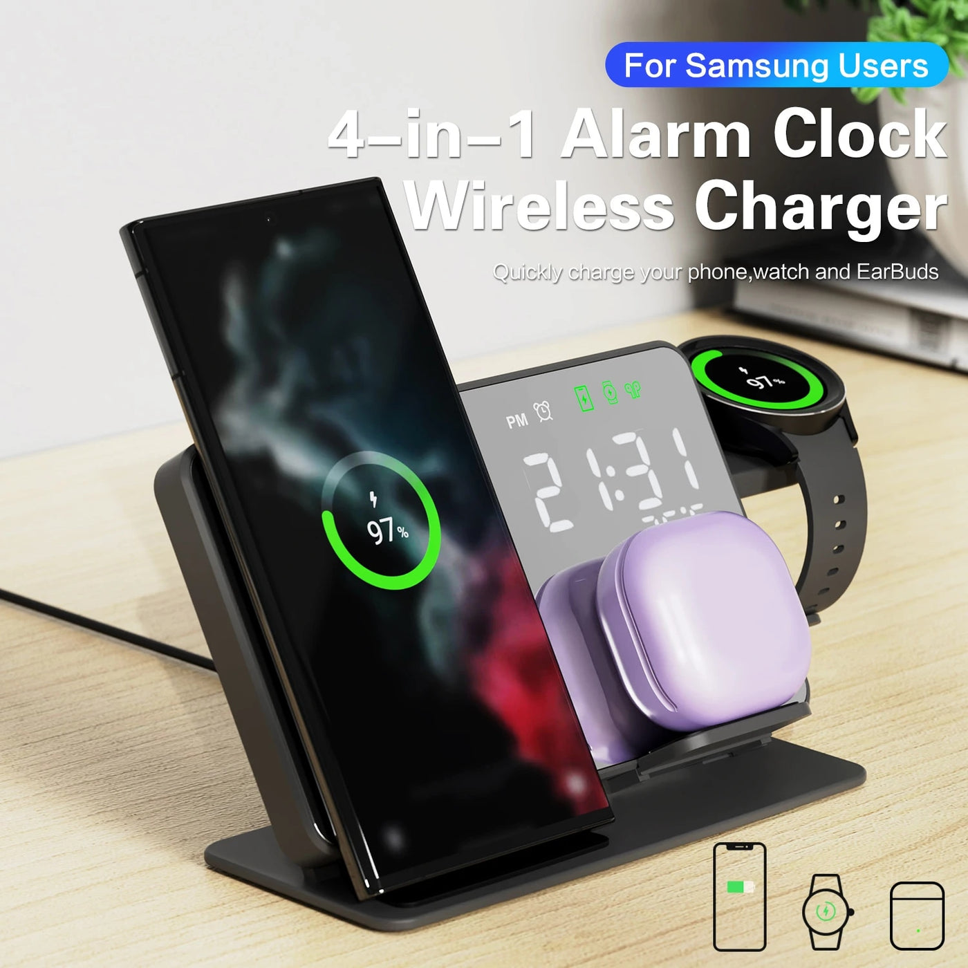 4 in 1 Wireless Charger for Samsung Galaxy S23 S22 Ultra Fast Charging Dock Station for Galaxy Watch 5 Pro Buds LED Alarm Clock