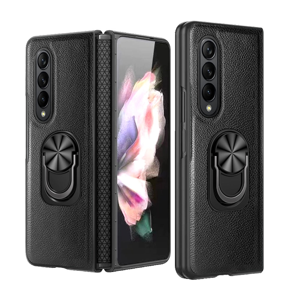 Leather Case for Samsung Galaxy Z Fold 4 with Ring Bracket Stand and Screen Glass Film