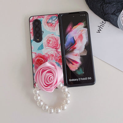 Elegant Leather Rose case with Pearl Bracelet For Samsung Galaxy Z Fold 4